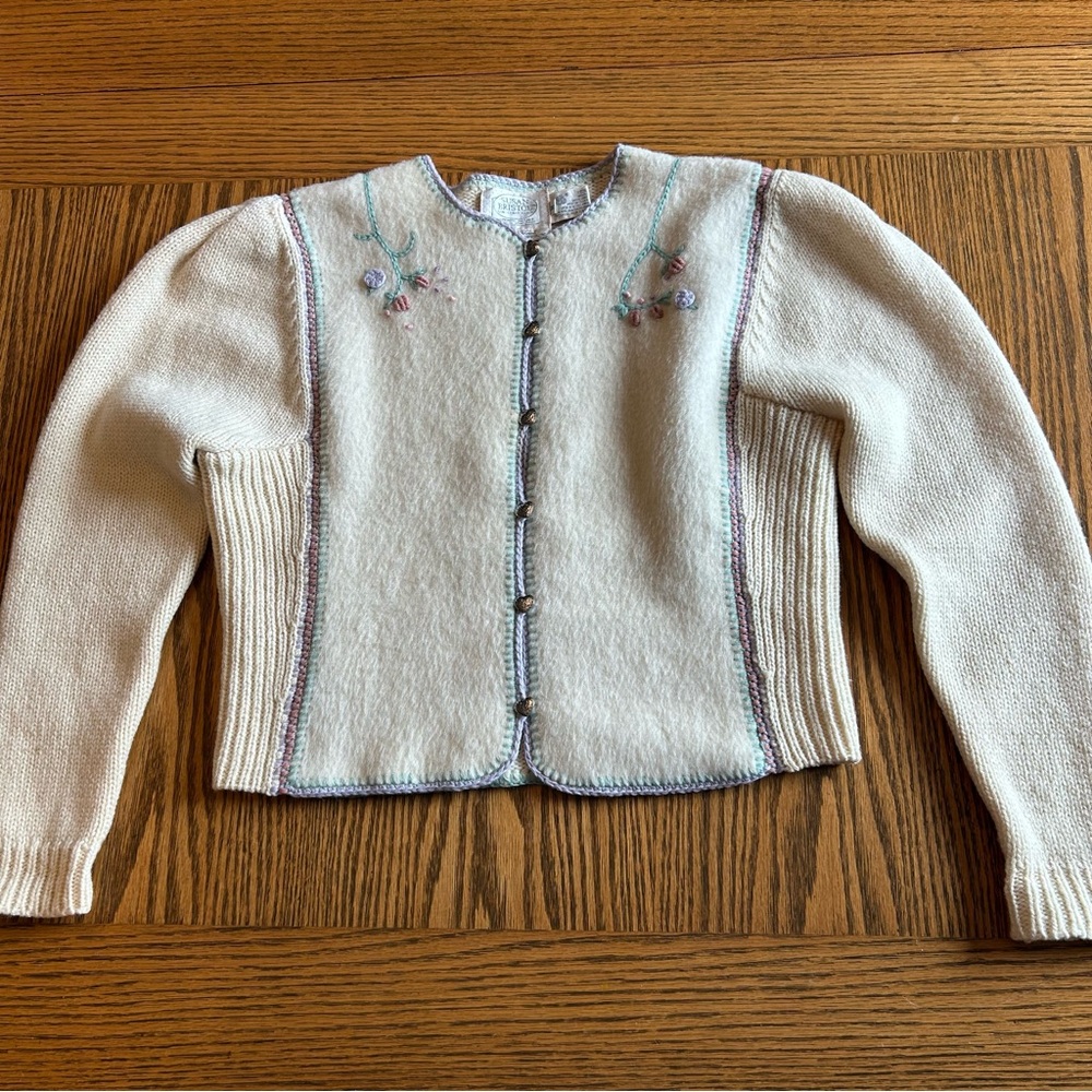Susan Bristol Wool Cream Cardigan with Floral Accents and Silver Heart Buttons - Picture 1 of 14